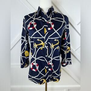 Lauren Ralph Lauren Preppy Nautical Print Button Down Shirt Navy Sz Petite Small